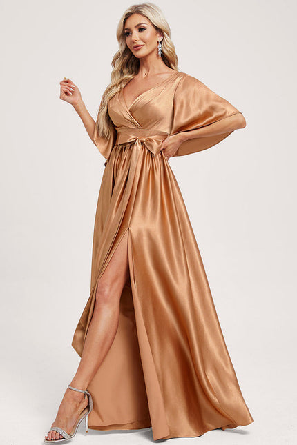Robe Trapèze Satin Doré Élégante - gallery 1