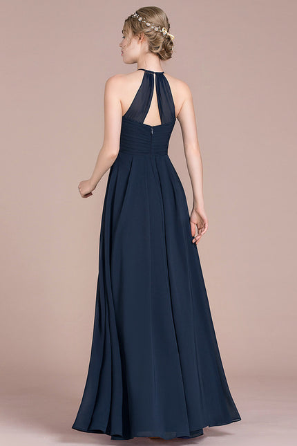 Robe Trapèze Bleu Marine Mousseline Plissée - gallery 3
