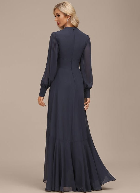 Robe Trapèze Bleue Marine Asymétrique Mousseline - gallery 2