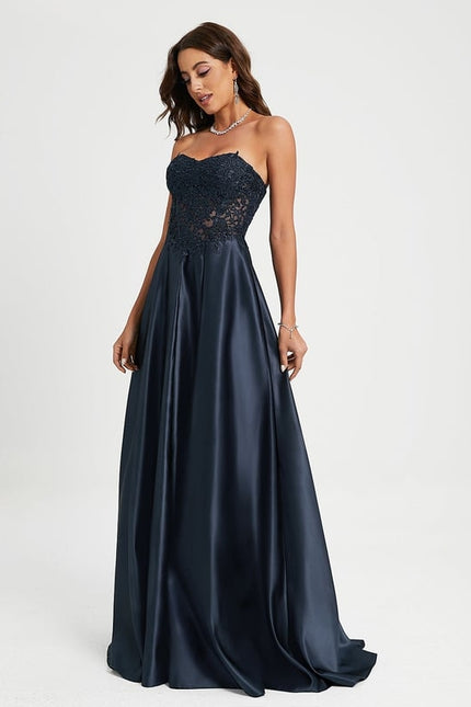 Robe Trapèze Bleue Satin Dentelle Bal - gallery 2