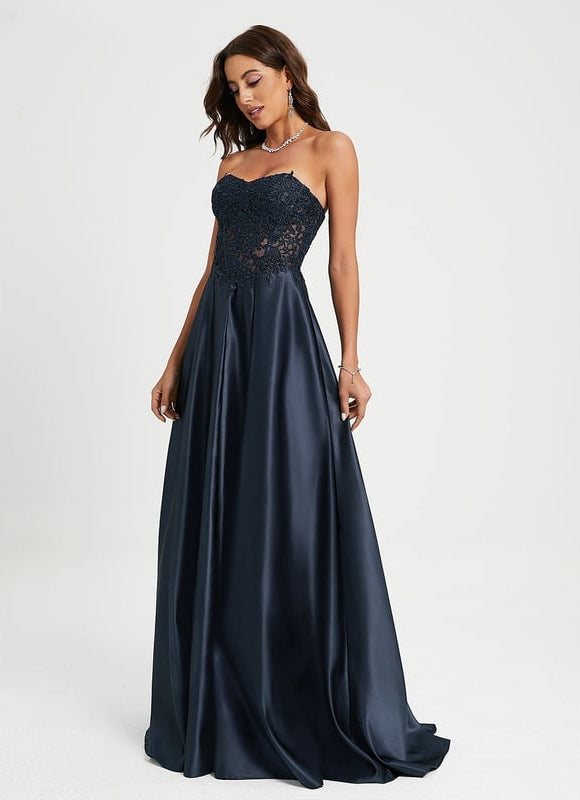 Robe Trapèze Bleue Satin Dentelle Bal - gallery 2