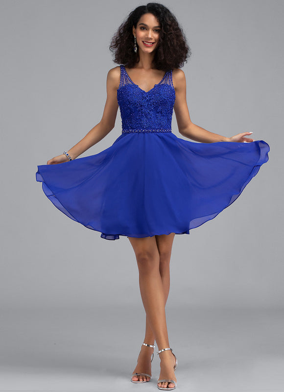 Robe Trapèze Bleu Marine Dentelle Et Mousseline - gallery 1