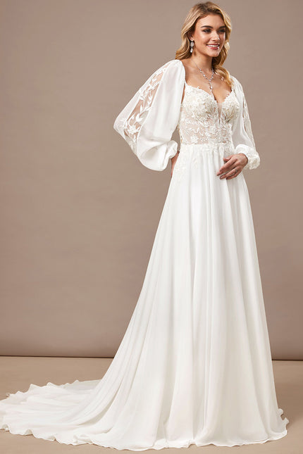 Robe Trapèze Blanche Dentelle Voile Balayage - gallery 4