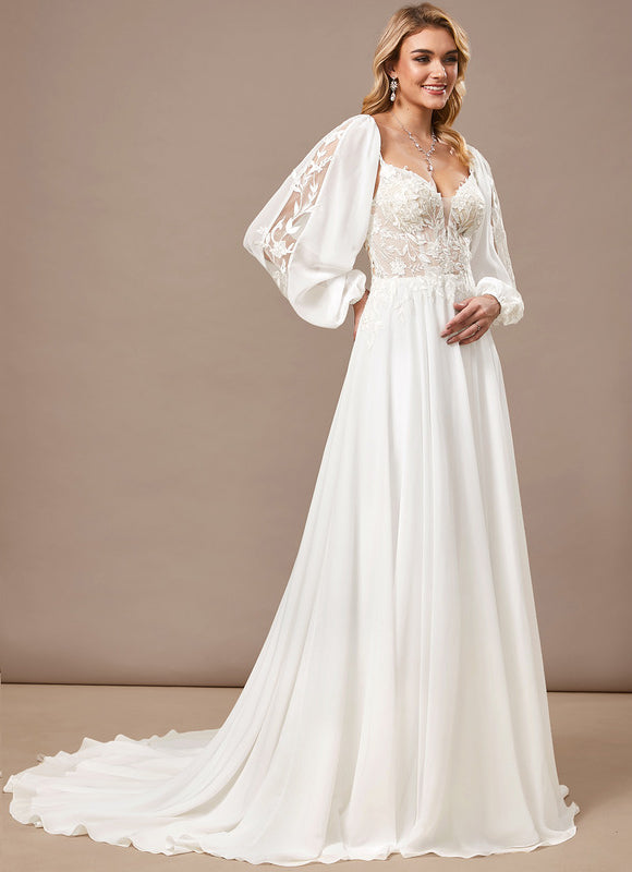 Robe Trapèze Blanche Dentelle Voile Balayage - gallery 4