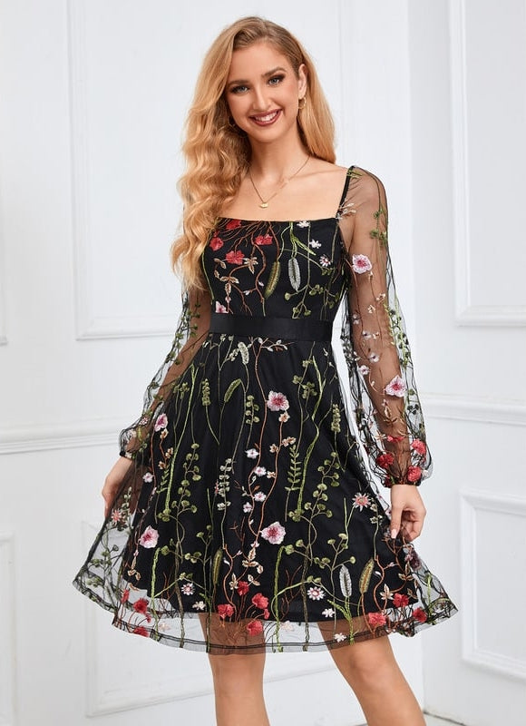 Robe Trapèze Floraison Noire - gallery 6