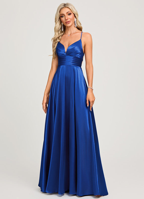 Robe Trapèze Satin Bleu Profond - gallery 3