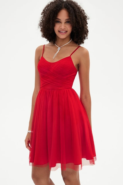 Robe Trapèze Rouge Tulle Aérien - gallery 2