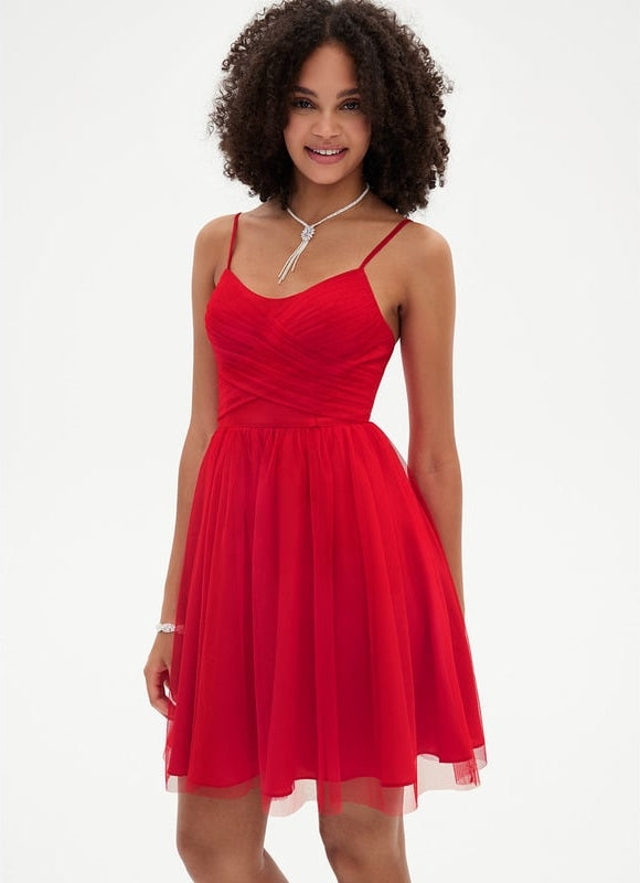 Robe Trapèze Rouge Tulle Aérien - gallery 2