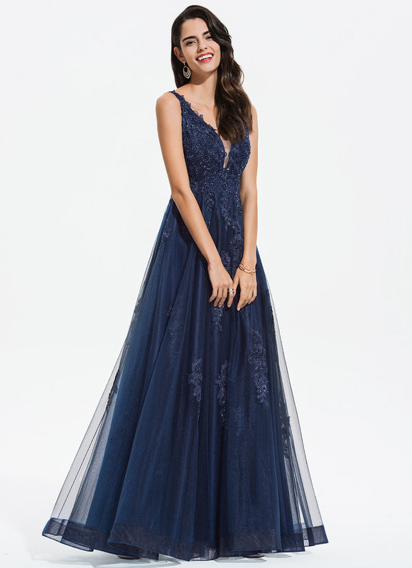 Robe Trapèze Bleu Lumineux Tulle - gallery 2