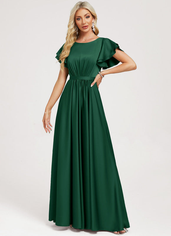Robe Trapèze Verte Satin Volants