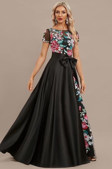 Robe Trapèze Noire Fleurie Satin Dentelle - gallery 3