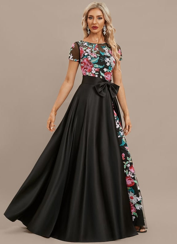 Robe Trapèze Noire Fleurie Satin Dentelle - gallery 3