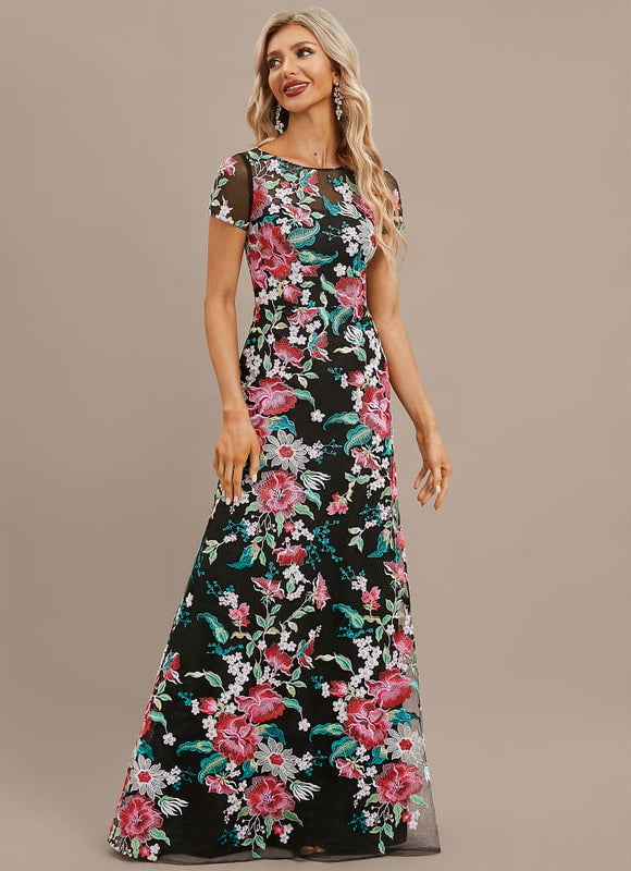 Robe Trapèze Noire Fleurie Satin Dentelle - gallery 7