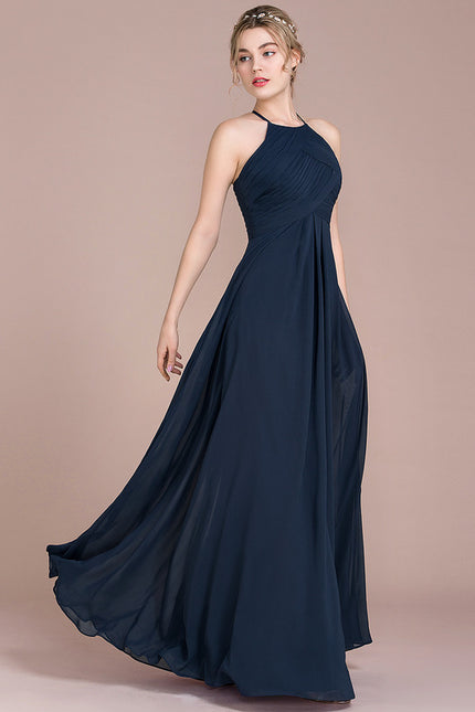Robe Trapèze Bleu Marine Mousseline Plissée - gallery 1