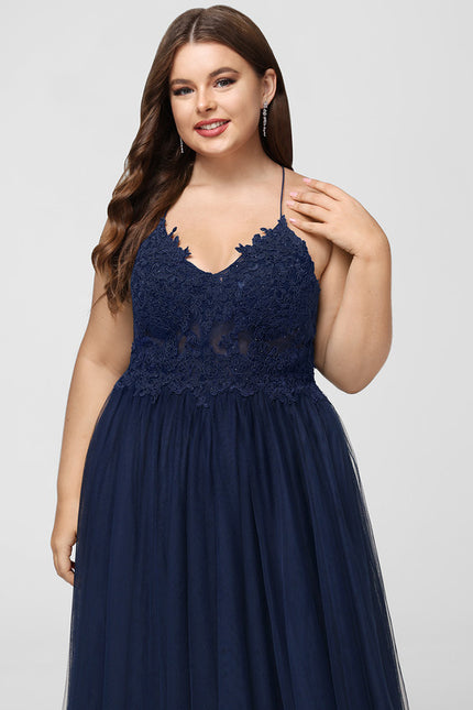 Robe Trapèze Bleu Marine Tulle Longue Strass - gallery 7