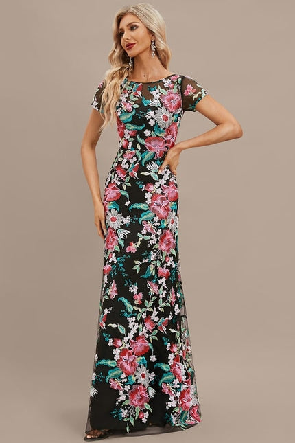 Robe Trapèze Noire Fleurie Satin Dentelle - gallery 6