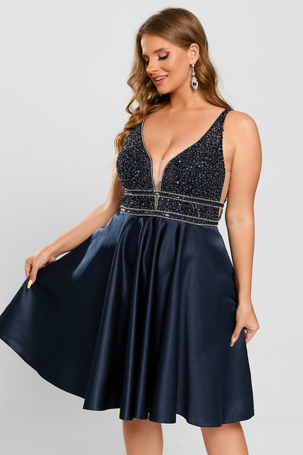 Robe Trapèze Bleu Marine Satin Perles Paillettes - gallery 7