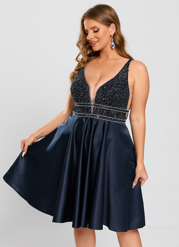 Robe Trapèze Bleu Marine Satin Perles Paillettes - gallery 7