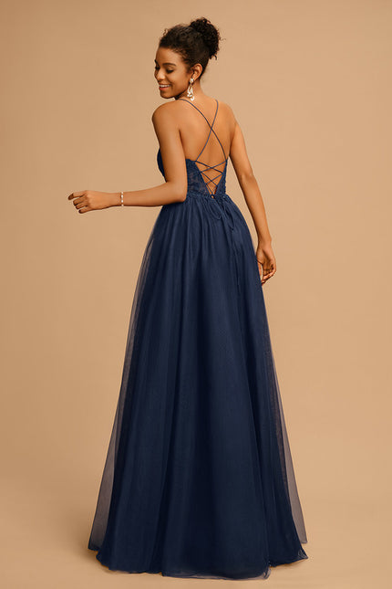 Robe Trapèze Bleu Marine Tulle Longue Strass - gallery 2