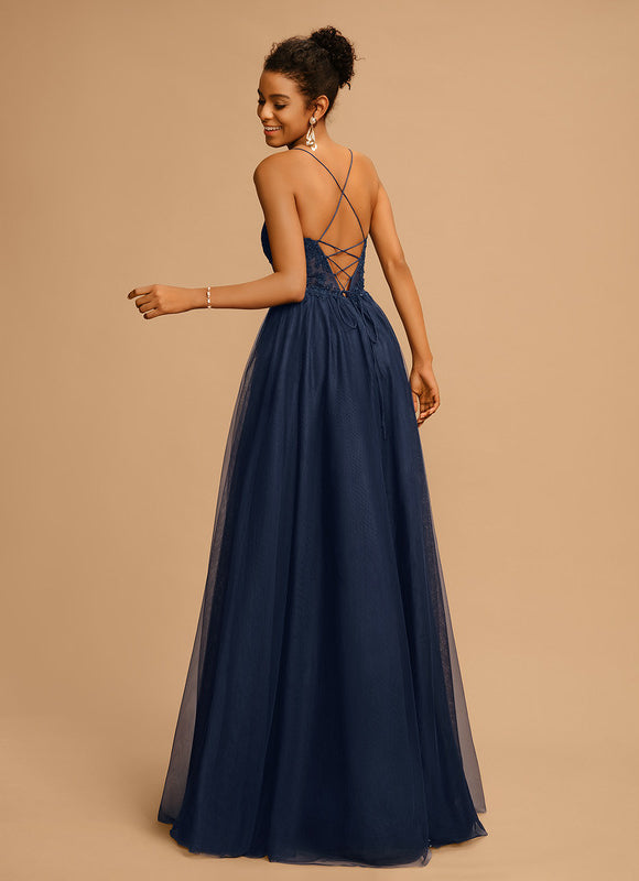 Robe Trapèze Bleu Marine Tulle Longue Strass - gallery 2