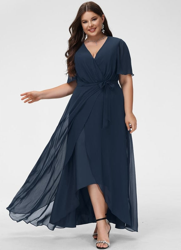 Robe Trapèze Bleu Marine Asymétrique Mousseline - gallery 5