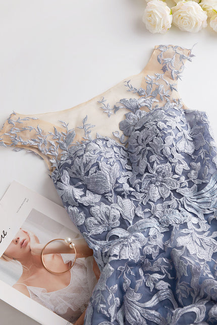 Robe Trapèze Bleu Pastel Soirée Longue En Tulle And Dentelle - gallery 2