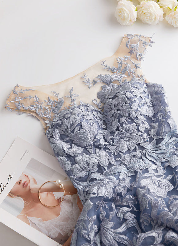 Robe Trapèze Bleu Pastel Soirée Longue En Tulle And Dentelle - gallery 2