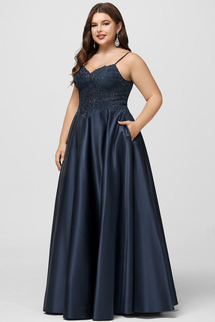 Robe Trapèze Bleu Marine Satin Dentelle Strass - gallery 8