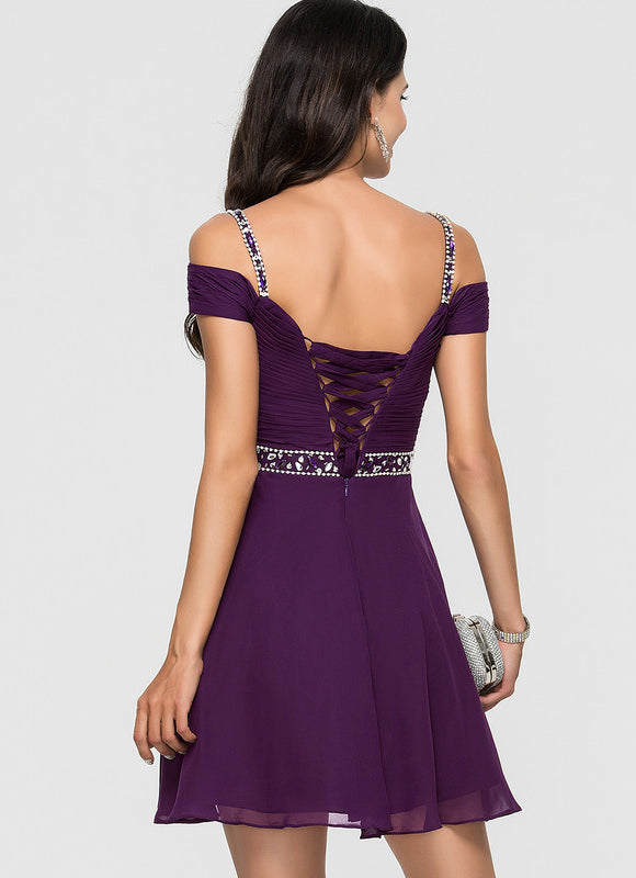 Robe Trapèze Violet Mousseline À Paillettes - gallery 1