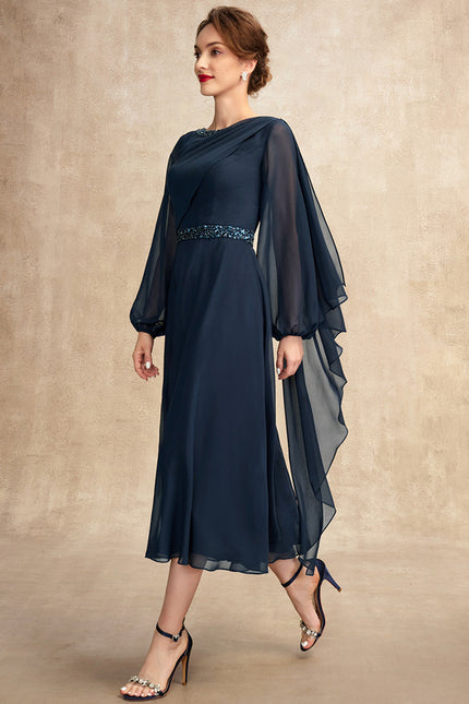 Robe Trapèze Bleu Marine Mousseline Plissée - gallery 5