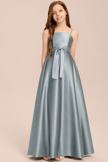 Robe Trapèze Bleu Satin Longue Avec Nœud - gallery 5