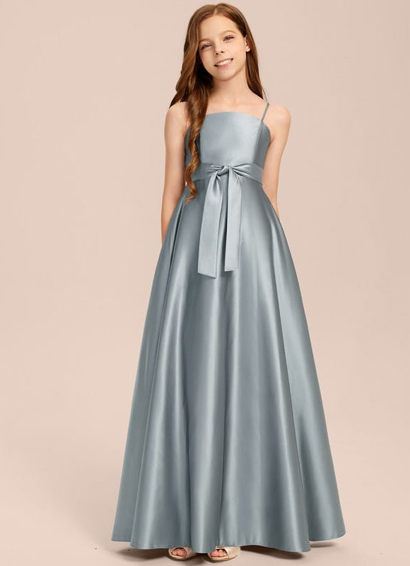 Robe Trapèze Bleu Satin Longue Avec Nœud - gallery 5