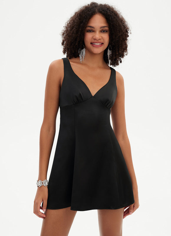 Robe Trapèze Mini Noir Satiné - gallery 6
