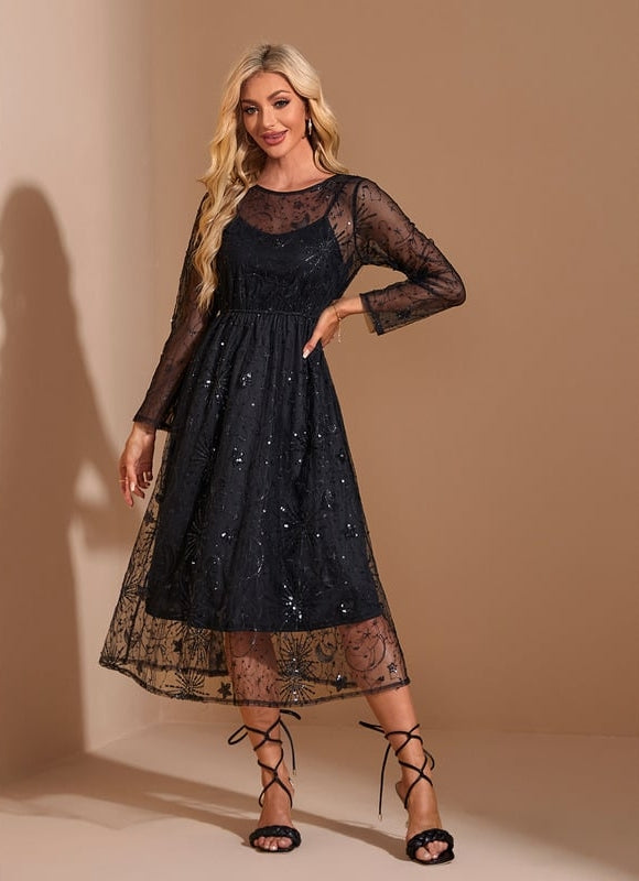 Robe Trapèze Noir Étoilé Chic