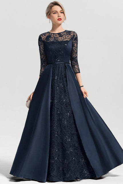 Robe Trapèze Bleue Marine Satin Dentelle Paillettes