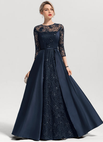 Robe Trapèze Bleue Marine Satin Dentelle Paillettes