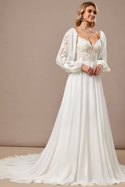 Robe Trapèze Blanche Dentelle Voile Balayage - gallery 1