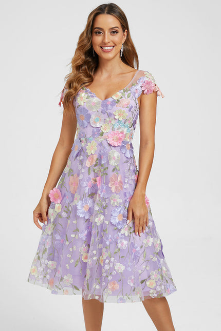 Robe Trapèze Violette Floral Dentelle 3D - gallery 2