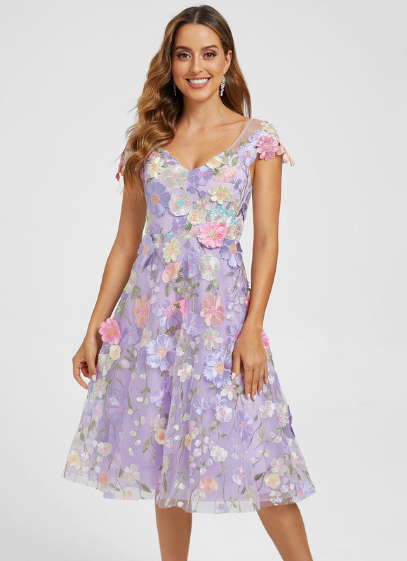 Robe Trapèze Violette Floral Dentelle 3D - gallery 2