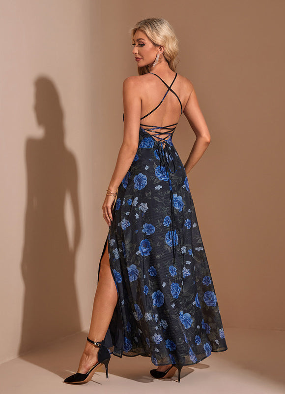 Robe Trapèze Bleue Florale Maxi Organza - gallery 1