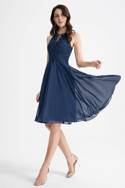 Robe Trapèze Bleue Dentelle Perles Cocktail - gallery 1
