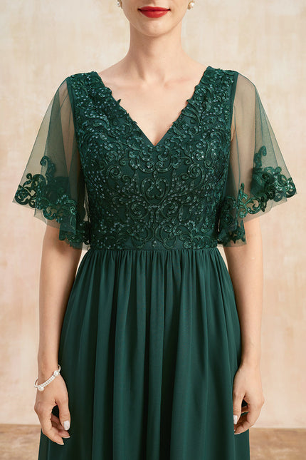 Robe Trapèze Verte En Mousseline Et Dentelle - gallery 6