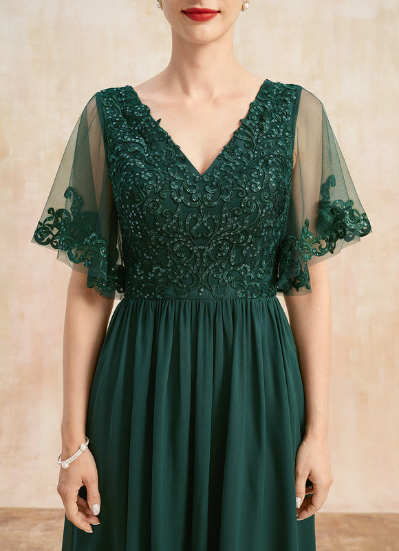 Robe Trapèze Verte En Mousseline Et Dentelle - gallery 6