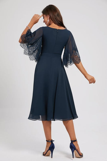 Robe Trapèze Bleue Marine Dentelle Mousseline - gallery 4