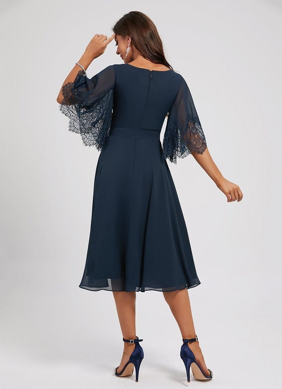 Robe Trapèze Bleue Marine Dentelle Mousseline - gallery 4