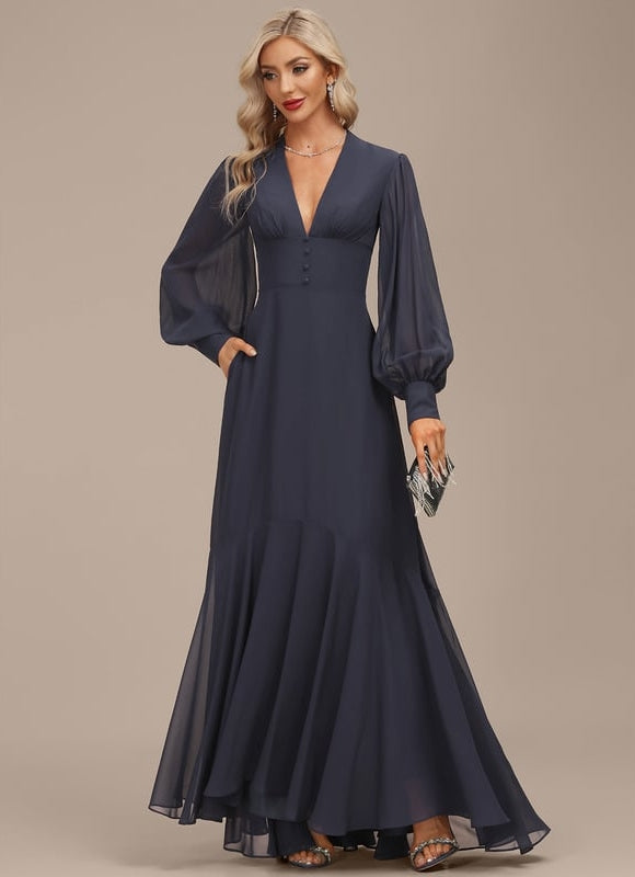 Robe Trapèze Bleue Marine Asymétrique Mousseline - gallery 6