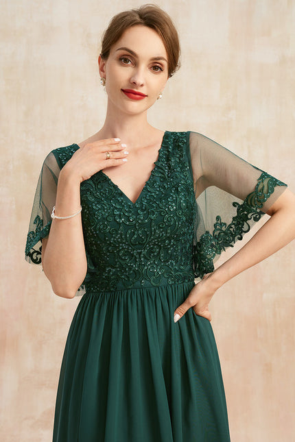 Robe Trapèze Verte En Mousseline Et Dentelle - gallery 1
