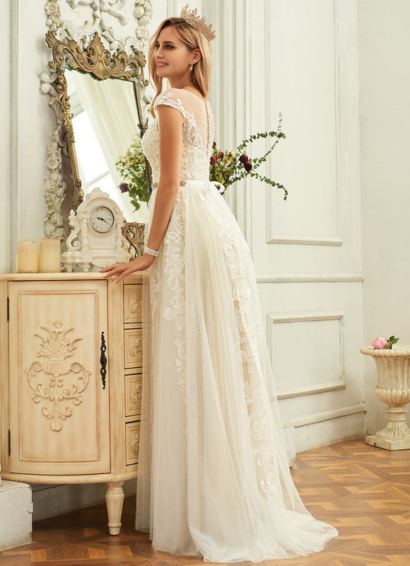 Robe Trapèze Ivoire Dentelle Volants Bal De Mariée - gallery 1