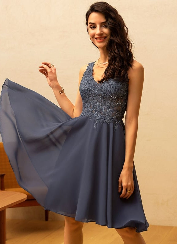 Robe Trapèze Bleu Marine Dentelle Et Mousseline - gallery 1
