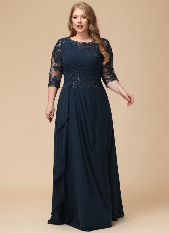 Robe Trapèze Bleue Marine Longue Dentelle - gallery 7
